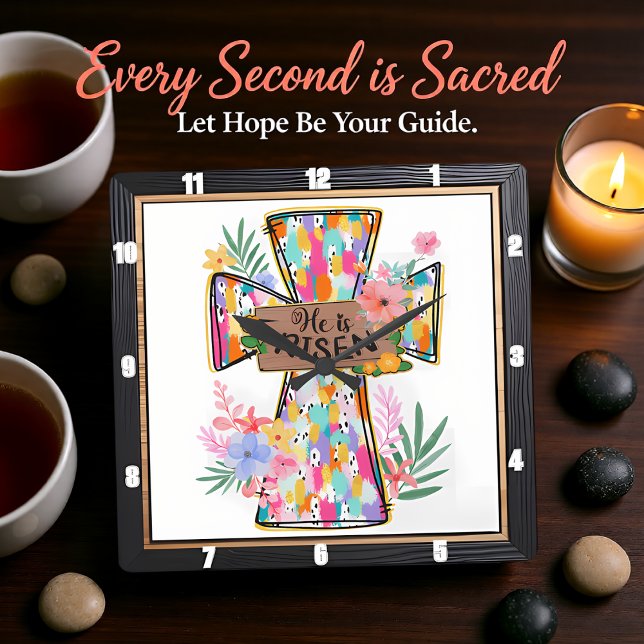 Bright Abstract Floral He Is Risen Cross Square Wall Clock (Creator Uploaded)
