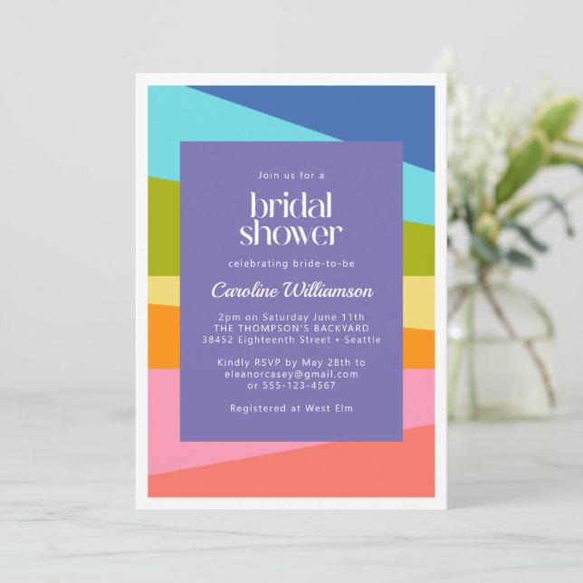 Bright Abstract Geometric Rainbow Bridal Shower Invitation (Standing Front)