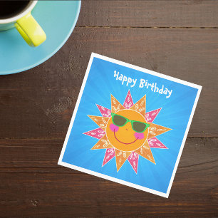 Bright Abstract Sun With Face Sunglasses on Blue Napkin