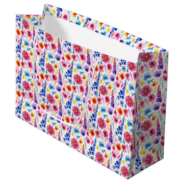 Bright Abstract Watercolor Style Flowers Large Gift Bag (Front Angled)