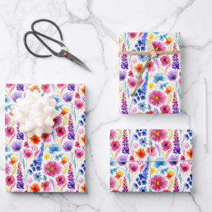 Bright Abstract Watercolor Style Flowers Wrapping Paper Sheet