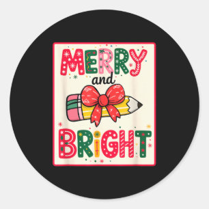 Bright & Merry Teacher Christmas Pencil Winter Classic Round Sticker