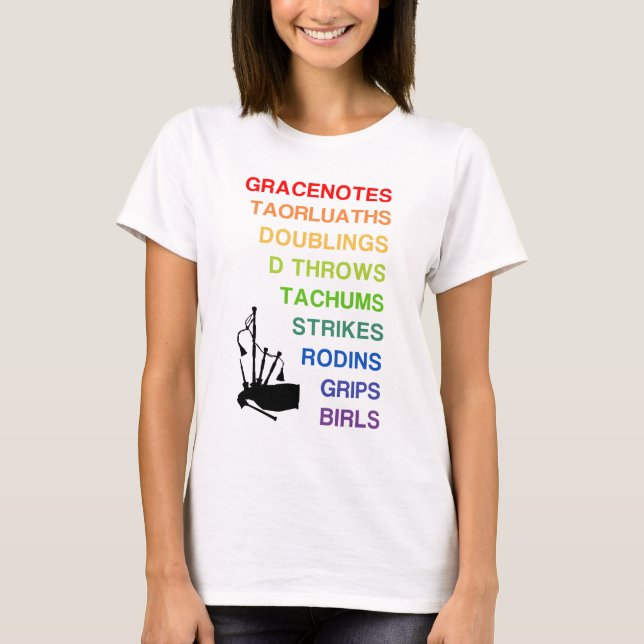 Bright and Bold Bagpipe Embellishments T-shirt (Front)
