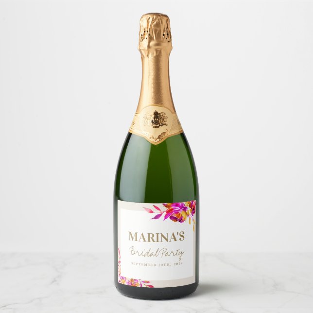 Bright and Bold Floral Bridal Shower Sparkling Wine Label (Front)