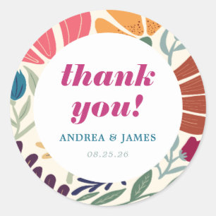 Bright and Bold Floral Wedding Retro Thank You Classic Round Sticker