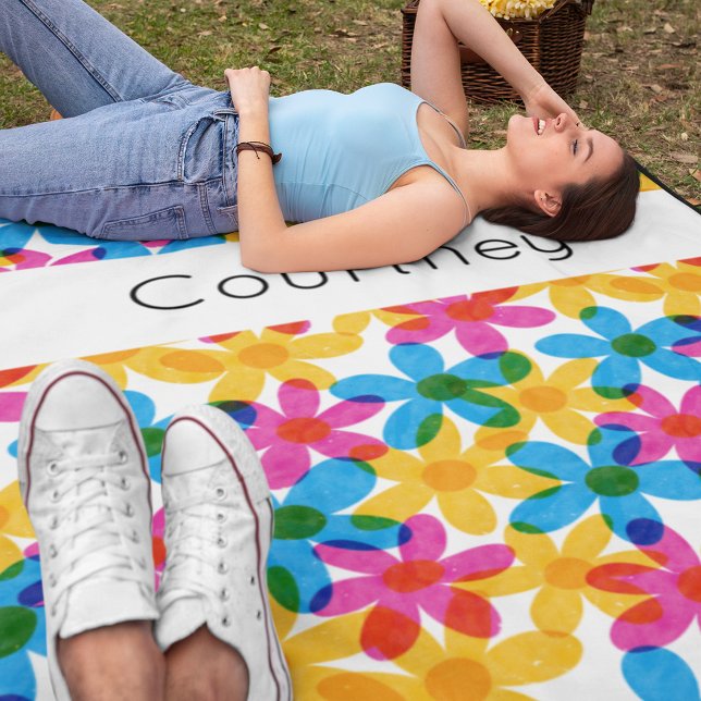 Bright and Bold Hippie Flowers Retro Floral Fleece Blanket (Creator Uploaded)