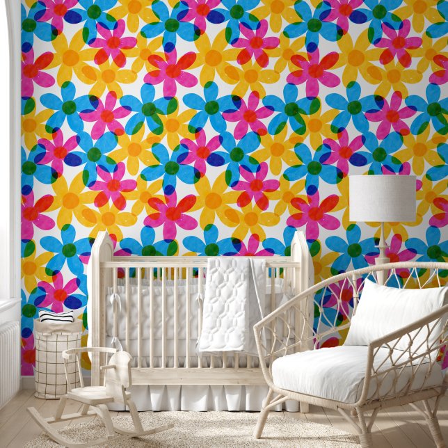 Bright and Bold Hippie Flowers Spring Floral Wallpaper (Kids)