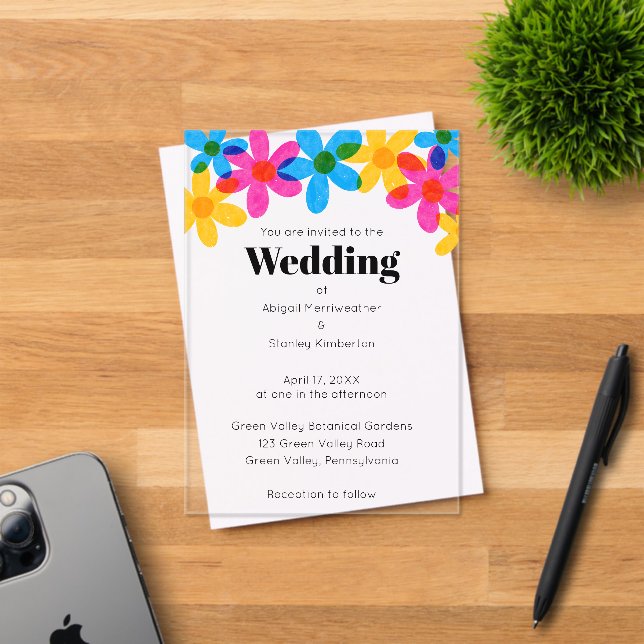 Bright and Bold Hippie Flowers Spring Wedding Acrylic Invitations (Insitu (Invitation Card))