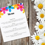 Bright and Bold Hippie Flowers Spring Wedding Menu<br><div class="desc">These easy to customise wedding menus offer a modern take on retro style with hippie daisy flowers in bright yellow, blue and magenta pink. The hand drawn graphics are designed to imitate classic risograph style printing. All of the text on these menu sheets is ready for your custom touch with...</div>