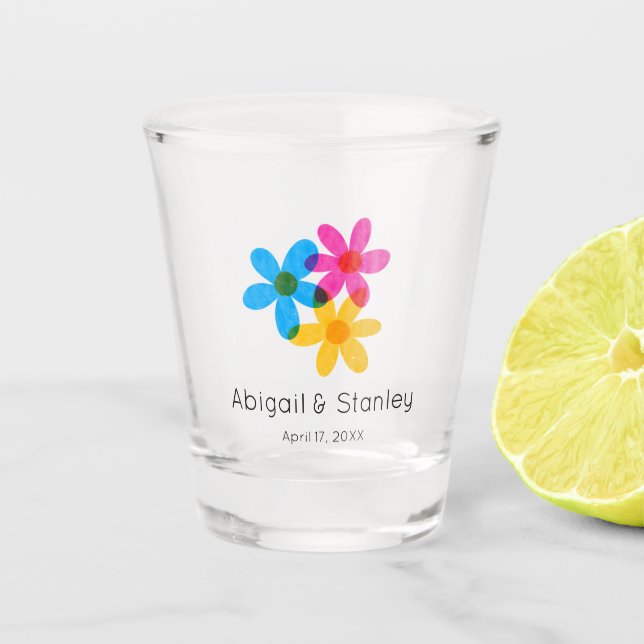 Bright and Bold Hippie Flowers Spring Wedding Shot Glass (Front)