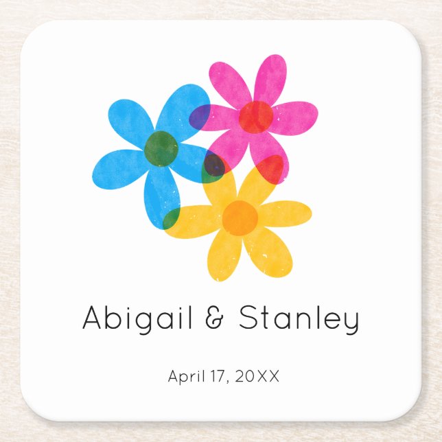 Bright and Bold Hippie Flowers Spring Wedding Square Paper Coaster (Front)