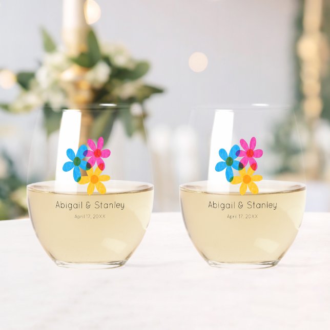 Bright and Bold Hippie Flowers Spring Wedding Stemless Wine Glass (Insitu (Wedding))
