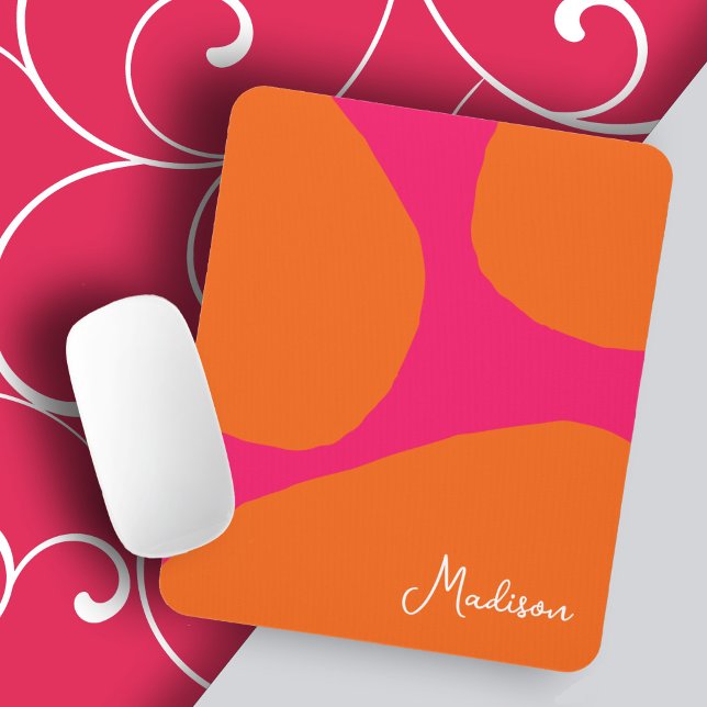 Bright and Bold Hot Pink and Orange with Name Mouse Mat (A bold and bright mouse pad to personalize with your name or monogram.)