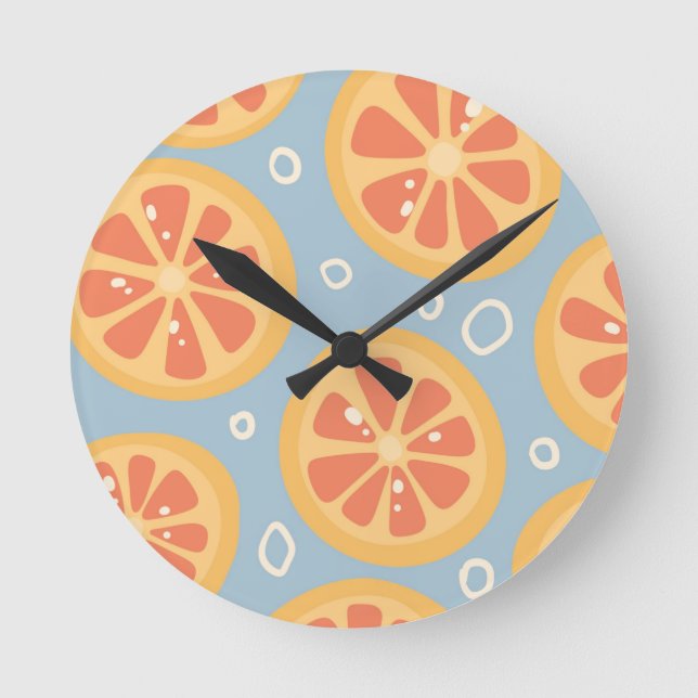 Bright and Bold Orange Slices Pattern on Blue Round Clock (Front)