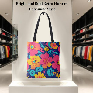 Bright and Bold Retro Flowers-Dopamine Style Tote Bag