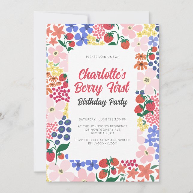 Bright and Bold Strawberry First Birthday Party Invitation (Front)