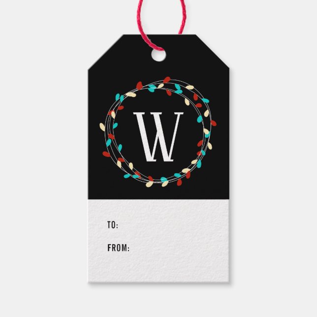 Bright and Bold String Lights Monogram Gift Tag (Front)