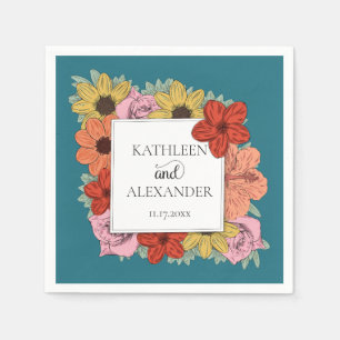 Bright and Bold Teal Blue Floral Wedding Napkin