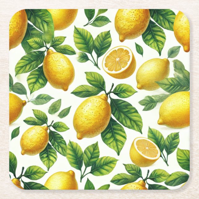 Bright and cheerful modern zesty lemons square paper coaster (Front)
