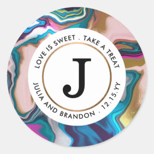 Bright and Colourful Abstract Marbling Monogram Classic Round Sticker