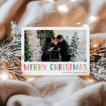 Bright and Colourful Christmas Family Photo Holiday Card<br><div class="desc">This simple and fun horizontal family photo Merry Christmas card features a place for you to add your names and the year, with ‘Merry Christmas’ in colourful bright typography, as well as room for you to add your own photo (one photo). On a back is space for a customised message...</div>
