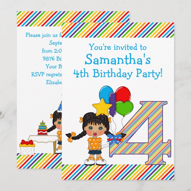 Bright and Colourful Girls 4th Birthday Party Invitation (Front/Back)