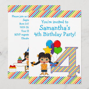 Bright and Colourful Girls 4th Birthday Party Invitation