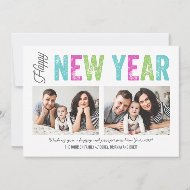 Bright and Colourful Happy New Year 2-Photo Holida Holiday Card (Front)