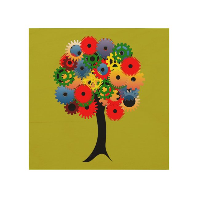 Bright and Colourful Mechanical Gear Tree Wood Wall Art (Front)