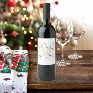 Bright and Colourful Merry Christmas Typography Wine Label