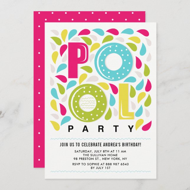 Bright and Colourful Pool Party Birthday Invitatio Invitation (Front/Back)