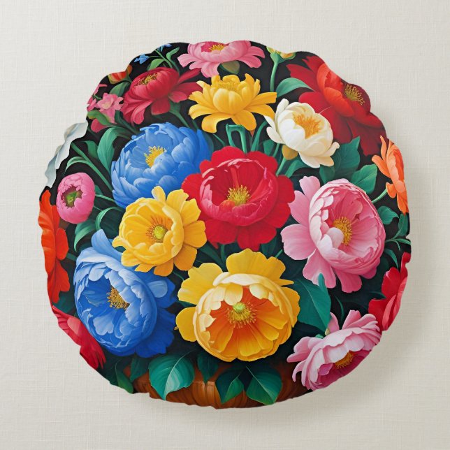 Bright and colourful roses round cushion (Front)
