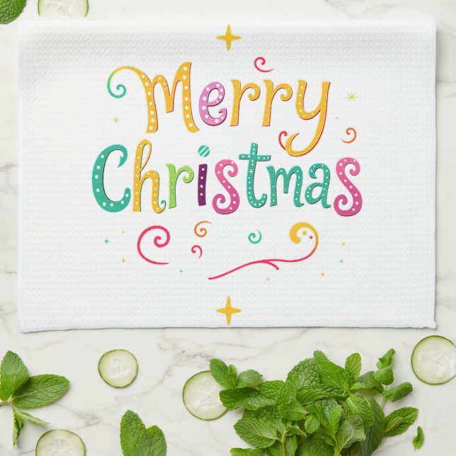 Bright and cool Merry Christmas Tea Towel (Folded)