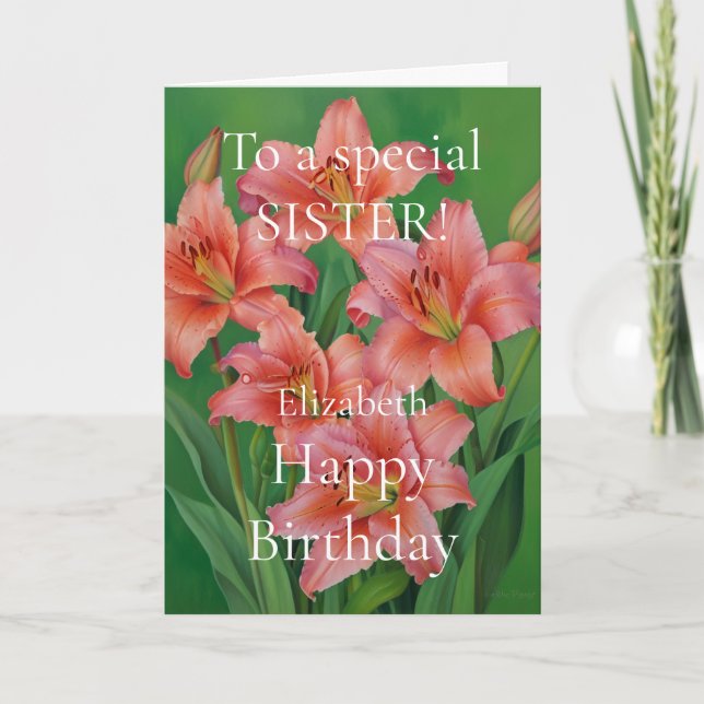 Bright and Cute Pink Lilies Happy Birthday Sister  Card (Front)
