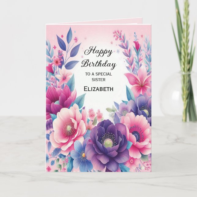 Bright and Cute Pink Purple Blue Flowers  Card (Front)