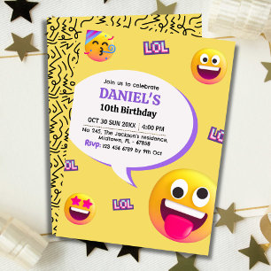 Bright and fun modern emoji themed 10th birthday invitation
