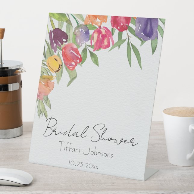 Bright and Fun Tulips Bridal Shower Pedestal Sign (In SItu)
