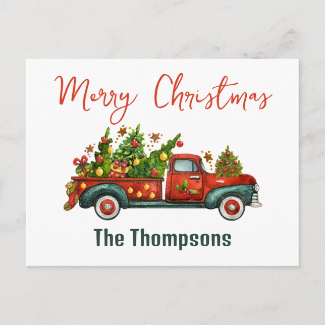 Bright and Merry Christmas Wishes Red Old Truck Holiday Postcard (Front)