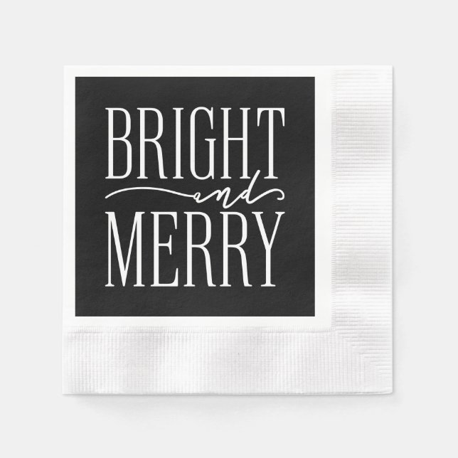 Bright and Merry Modern Festive Black Holiday Napkin (Front)