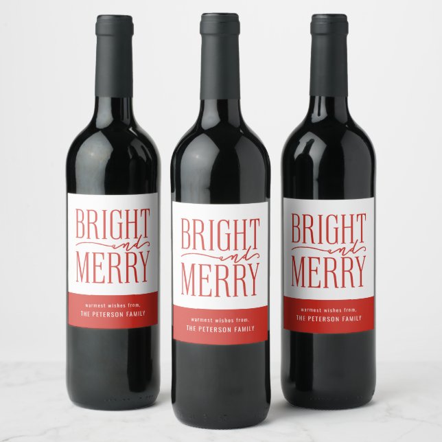 Bright and Merry Modern Red Holiday Wine Label (Bottles)