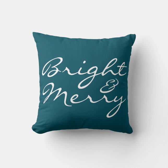 Bright and Merry Script Blue Green Christmas Cushion (Front)