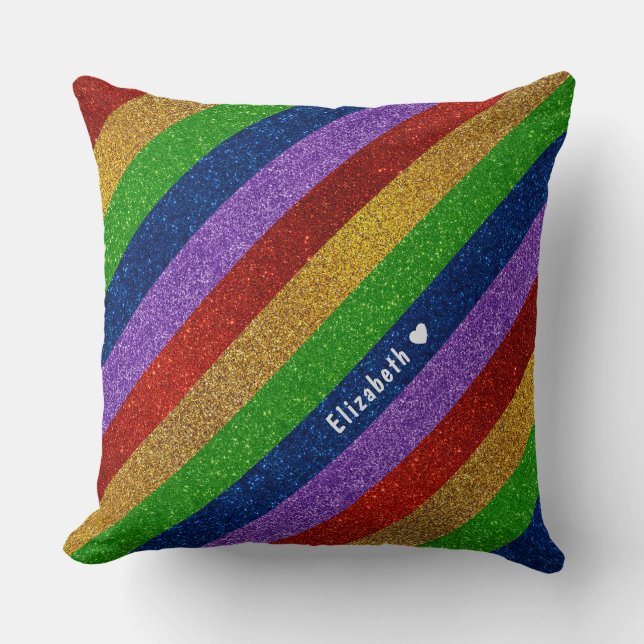  Bright and Sparkly Rainbow Faux Glitter Striped Cushion (Front)