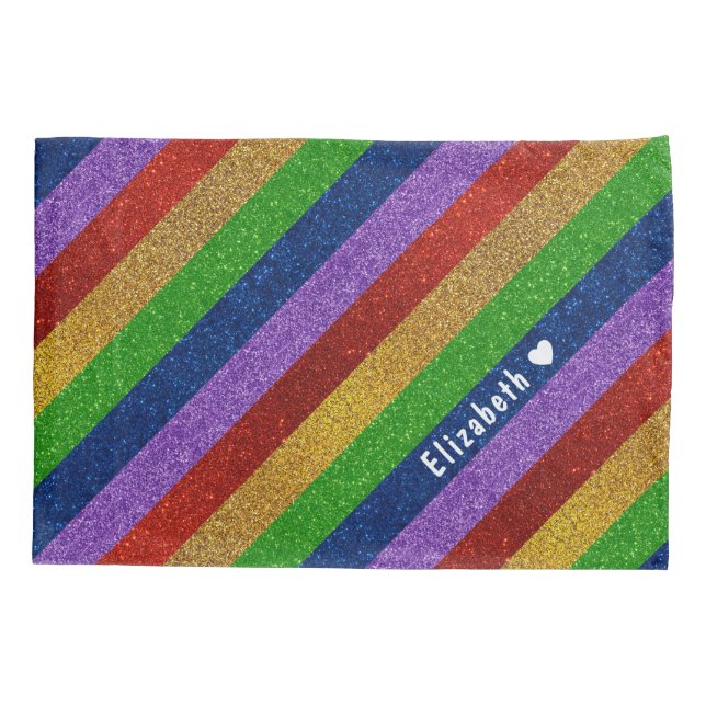  Bright and Sparkly Rainbow Faux Glitter Striped Pillowcase (Back)