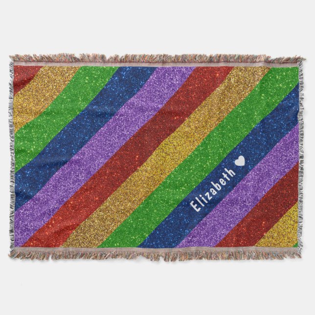 Bright and Sparkly Rainbow Faux Glitter Striped Throw Blanket (Front)