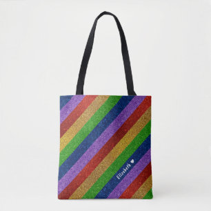 Bright and Sparkly Rainbow Faux Glitter Striped Tote Bag