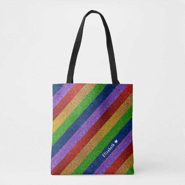 Bright and Sparkly Rainbow Faux Glitter Striped Tote Bag (Front)