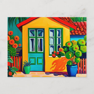 Bright and vivid painting of house holiday postcard