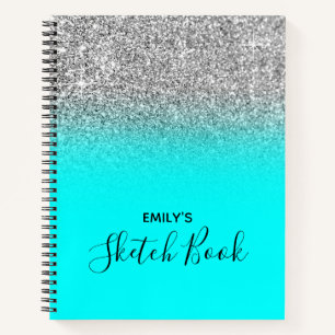 Bright Aqua and Silver Glitter Ombre Drawing Notebook