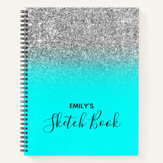Bright Aqua and Silver Glitter Ombre Drawing Notebook