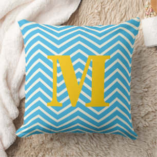 Bright Aqua and Yellow Monogram Zig Zag Cushion